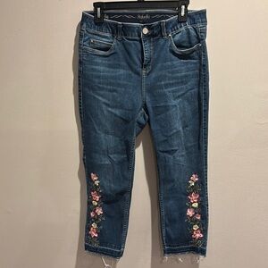 Rafaella Blue Ankle Cropped Jeans with Floral Embroidery size 10